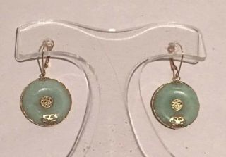 Vintage 14k Celadon Green Jade Jadeite Dangle Donut Earrings 9.  1 G " Fu Blessed "