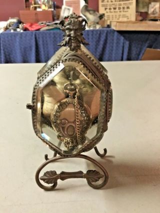 Antiq Victorian Era Beveled Glass Pocket Watch Holder W/decorative Brass Designs