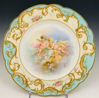 19th C French Sevres Cabinet Plate Cherubs & Raised Gold 9.  5 Inch Celeste Blue