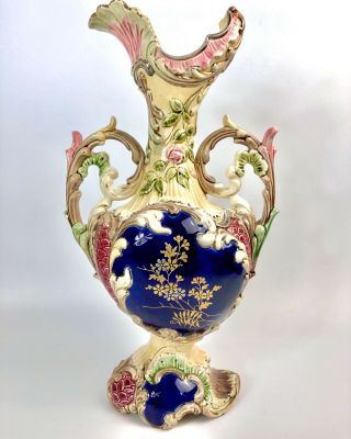 Antique Eichwald Bohemia Majolica Art Nouveau Floral Vase Raised Gilt