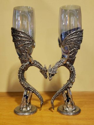 Vintage Pewter Dragon Heart Champagne Glasses Goblets Fantasy