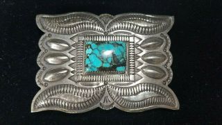Vintage Navajo Signed M Sterling Silver Turquoise Center Belt Buckle