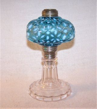 Fine Antique Oil Lamp - Blue Snowflake Opalescent Glass - Hobbs - Estate