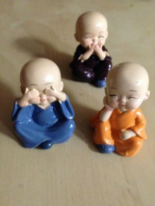 Vintage Set Of 3 Small Monk Plastic Figure - 2 " Each