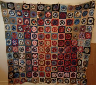 Antique Vintage All Hand Stitched Cotton Quilt Top Star Circle Red Blue 82 X 76 "