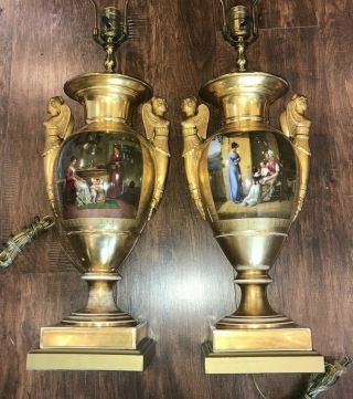 Pair Antique Hand Painted Gold Porcelain 32  Urn Lamps Circa 1840 French Empire