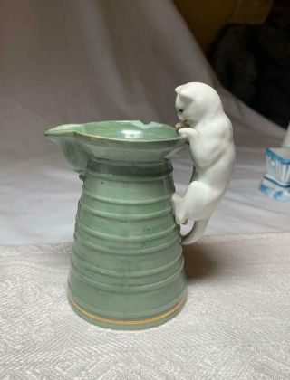 Antique English Milk Pitcher With Cat Handle Porcelain Rare 1800s 5 " Green White