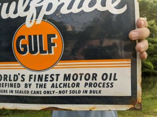 LARGE VINTAGE OLD 1950 ' S GULFPRIDE GULF GASOLINE MOTOR OIL PORCELAIN GAS SIGN 3