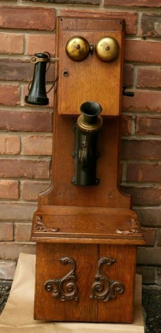 Antique Vintage Stromberg Carlson Oak Double Box Wall Crank Telephone