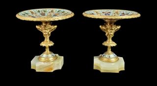 Two Antique French Gilt Bronze Enamel Champleve On Marble 19th Century Compotes