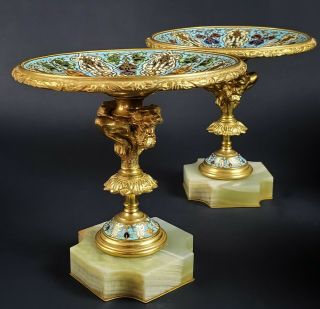 TWO Antique French Gilt Bronze Enamel Champleve on Marble 19th Century Compotes 2