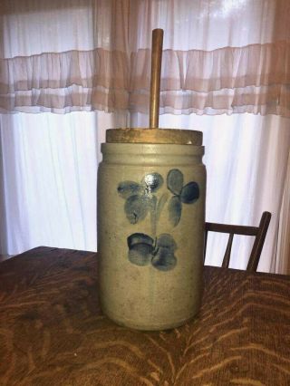 Antique Stoneware Butter Churn Crock With Lid And Plunger