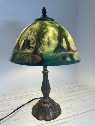 Vintage Reverse Hand Painted Glass Table Lamp Lake Camp Scenery Rare Art Glass