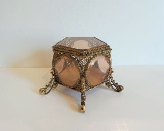 Vintage Brass Ormolu 5 - Sided Jewelry Casket Box,  Beveled Glass Windows