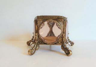 Vintage Brass Ormolu 5 - Sided Jewelry Casket Box,  Beveled Glass Windows 3