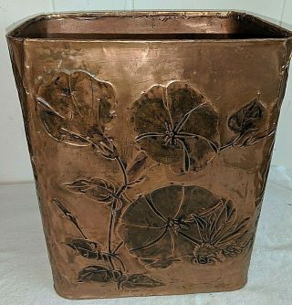 Gorgeous Vtg Antique Arts & Crafts Copper Flowers Honey Bee Waste Basket