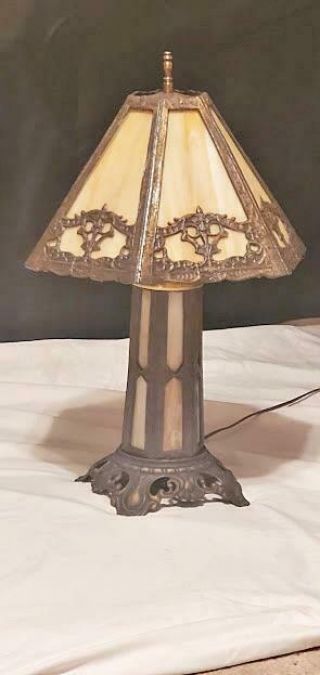 Antique Peh Cast Spelter Stamped Brass Arts & Crafts Mission Slag Glass Lamp