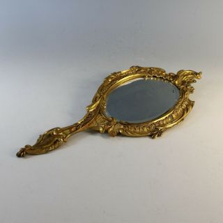 Antique French Bronze Louis XV Style Hand Mirror Leaves Flowers 3