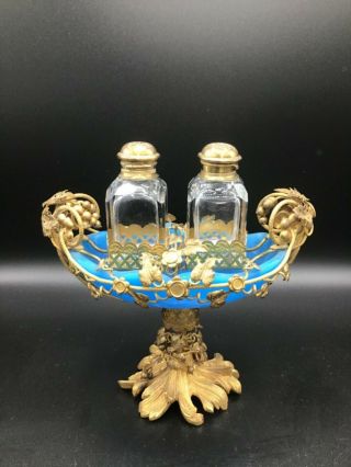Exquisite Antique French Blue Opaline Glass And Gilt Bronze Inkwell