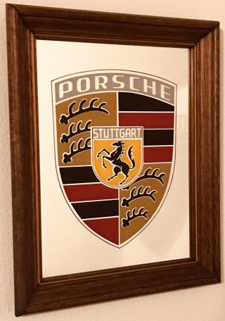 Vintage Porsche Stuttgart Wood Framed Wall Mirror Advertising Shield Logo 12 X 9
