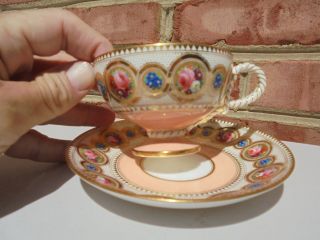 Antique Brown Westhead & Moore Rope Handle Hp Cup & Saucer Flowers Gold 19th C