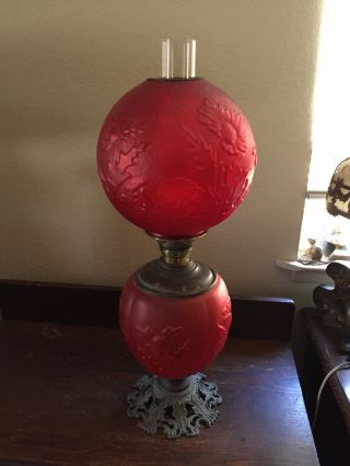 Antique Oil Elect Convert Dark Red Sunflower Art Glass Gone With The Wind Lamp