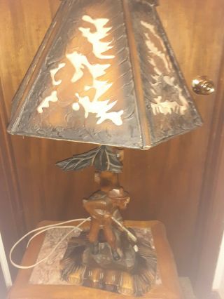 Rare Vtg.  German Black Forest Carved Wood Desk Lamp