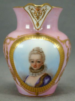 Sevres Style Hand Painted Lady Portrait Pompadour Pink Gold Creamer 19th Century
