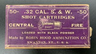 Antique Robin Hood Ammunition Company Co Ammo Box.  32 Cal S&w Shot Cartridges