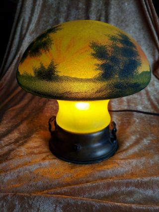 Rare Color Pittsburgh Reverse Painted,  Ice Chip Finish " Mushroom " Lamp And Base