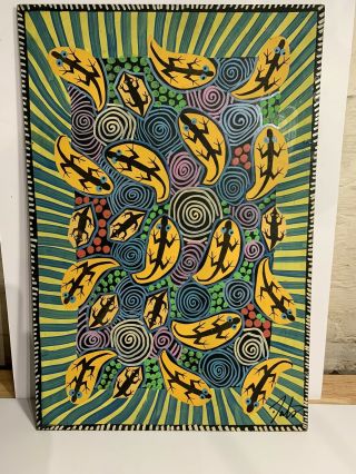 Colorful Vintage Australian Aboriginal Tribal Painting On Masonite Signed