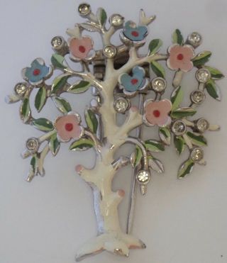Vintage Trifari Rhodium Plate Enamel Rhinestone Flowering Tree Pin Clip Brooch