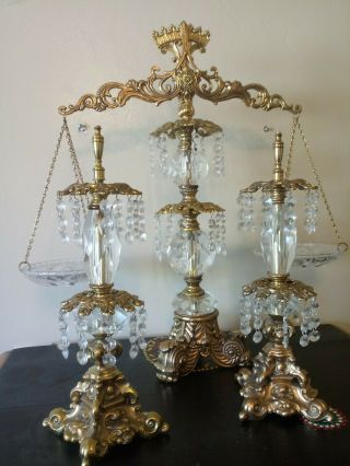 Antique Brass,  &crystal Scales Of Justice/balancing Scale 23 " & 2 Lamp Bases