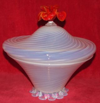 Antique Huge Venetian Murano Blown Art Glass Opalescent Swirl Bowl W/ Rose Lid