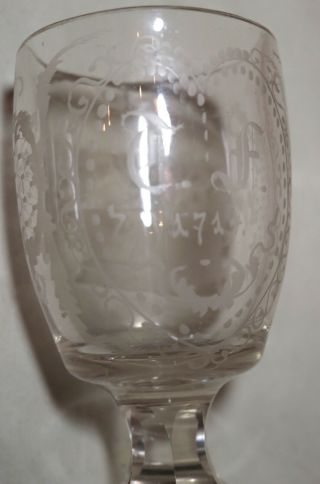 RARE antique 18th century 1714 hand etched crystal goblet chalice wine glass 2