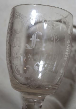 RARE antique 18th century 1714 hand etched crystal goblet chalice wine glass 3