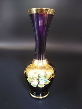 Vintage Purple Amethyst Glass Vase With Hand Painted Flowers Gold Accents