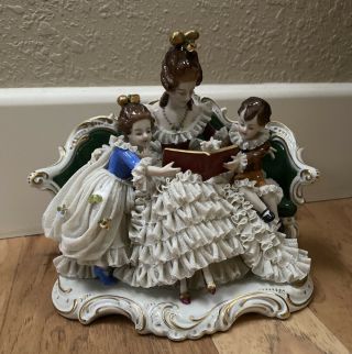 Vintage Antique Large Dresden Lace Porcelain Figurine Mother Reading To Children