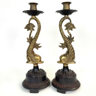 Vintage Large Asian Cast Bronze/brass Dolphin Koi Fish Candle Stick Holders 16 "