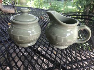 Longaberger Pottery Sage Green Woven Traditions - Sugar Bowl And Creamer