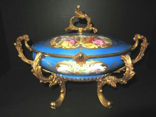 French Sevres Porcelain And Gilt Bronze Vintage Centerpiece Bowl,  Signed France