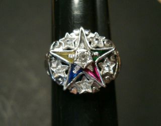 Vintage 10k White Gold Order Of The Eastern Star Oes Masonic Gemstone Ring 6.  5