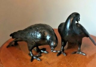 Pair Dove Bird Bronze Cast Iron Statue Pigeon 8 " Taisho Okimono Sculpture 6lbs