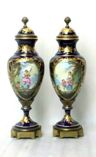 Large Cobalt Blue Sevres Style Hand - Painted Scenery Vases Signed Callard