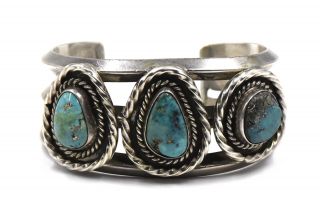 Vintage Old Pawn Southwestern Turquoise 3 Stone Cuff Bracelet Sterling Silver