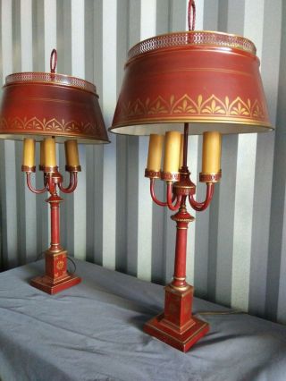 Pair (2) Vtg 5 Light Large Red Gilt Tole Lamps 30.  5 " X 14