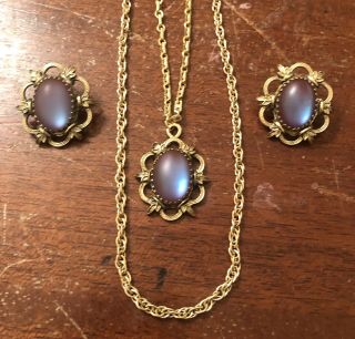 Rare Vintage Retro Whiting And Davis Saphiret Glass Necklace & Earrings Set