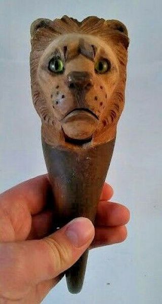 Vintage Hand Carved Lion Wood Nut Cracker With Yellow Eyes Handcrafted Art