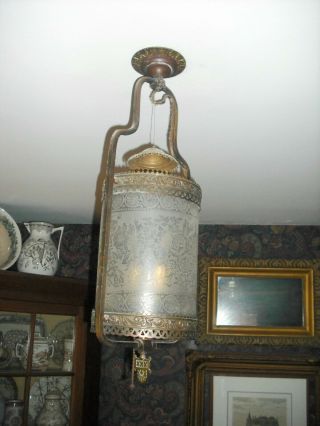 Victorian Etched Glass/brass Hanging Converted Gas Lamp/chandelier
