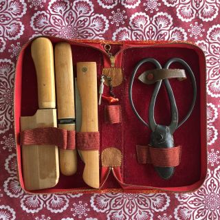 Vintage Bonsai 5 Piece Knife & Tool Kit Japan W/ Leather Case In